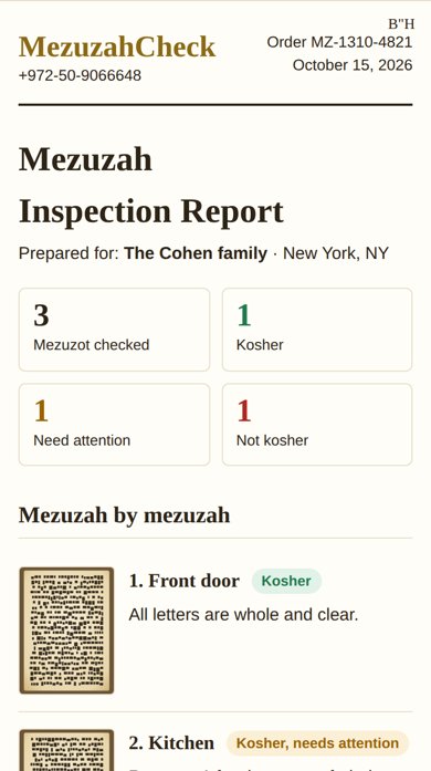 A MezuzahCheck inspection report: front door, kosher